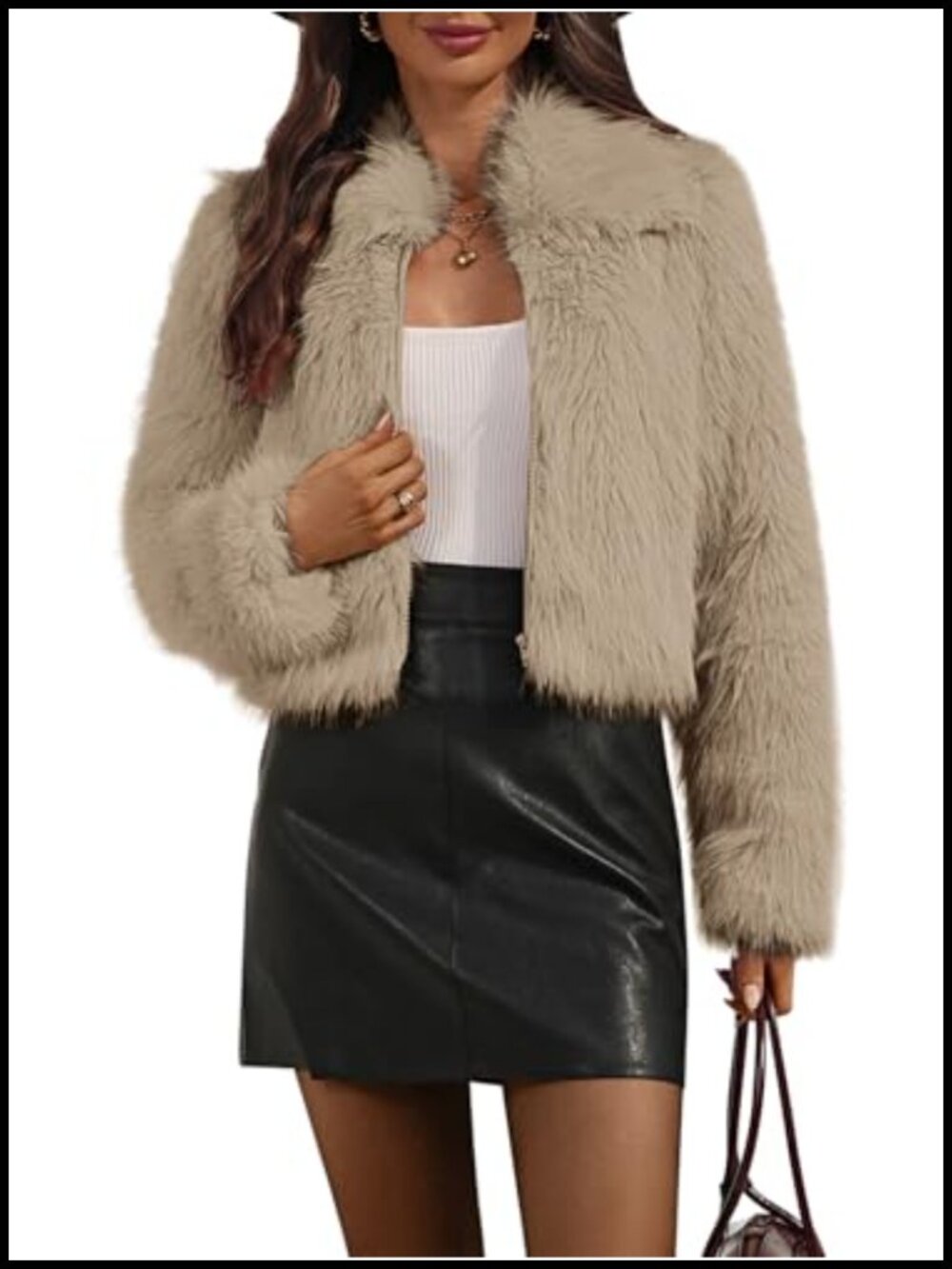 Faux Fur Cropped Jacket Collared Zip Long Sleeve Fluffy Coat Pockets